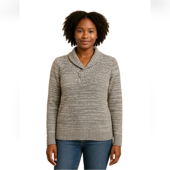 Gray/Multi-Tone Shawl Collar Zip Detail Pullover Sweater I.N.C Woman Medium - Picture 2 of 10